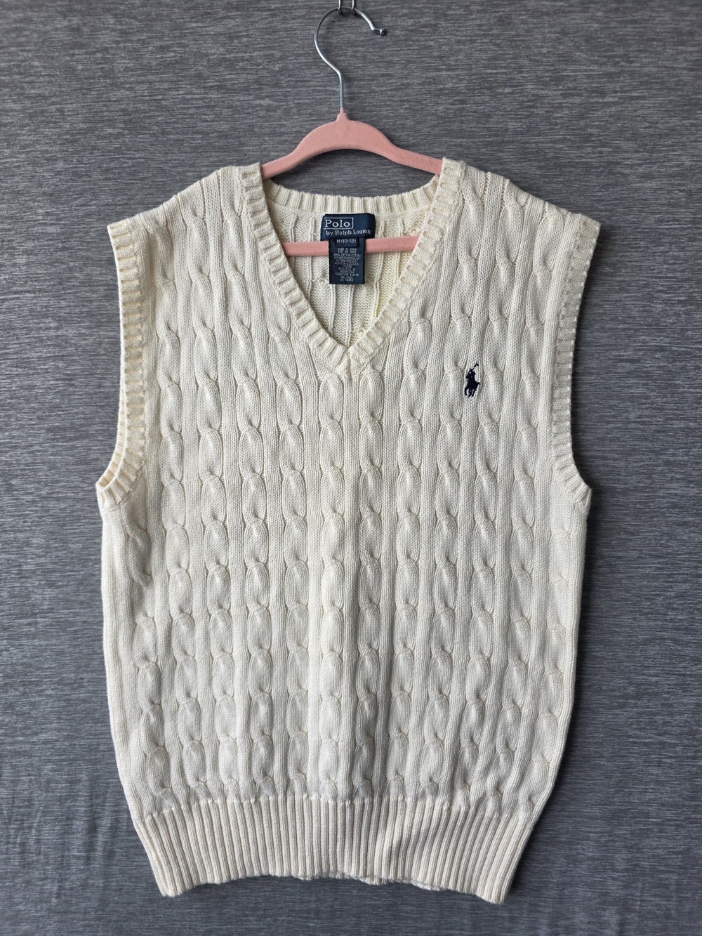 Polo Ralph Lauren Cable Knit Sweater Vest M 10-12 Cream Ivory Navy Pony Preppy
